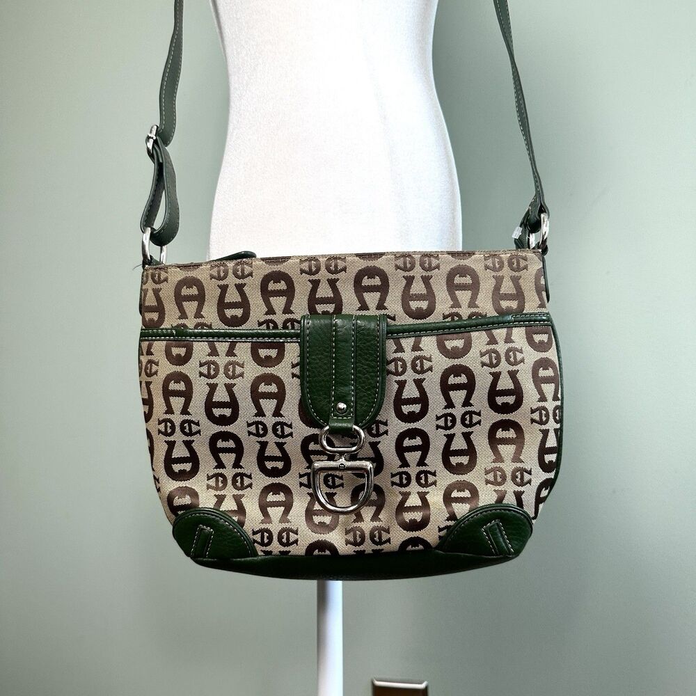 Etienne Aigner Faux Leather Crossbody Shoulder Bag Purse Jacquard Logo Green Tan